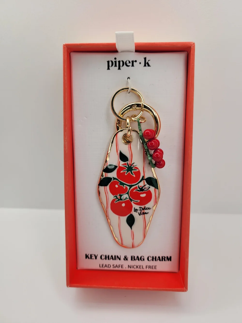 ✨️👉🍅 piper k Red Tomato Key Chain & Bag Charm with Gold Hardware